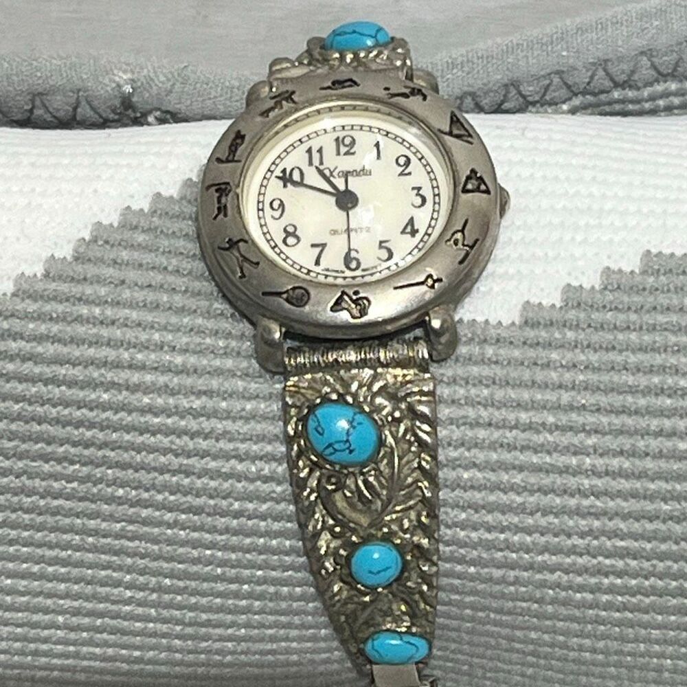 Vintage Xanadu Women's Silver Blue Faux‎ Turquoise Elastic Band Quartz Southwest